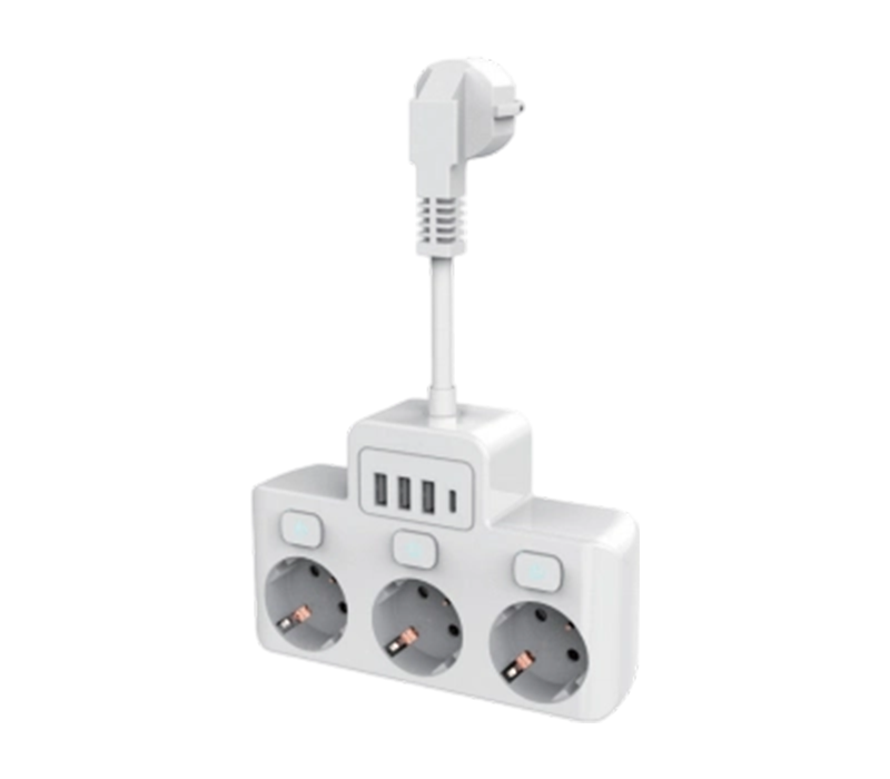 3টি ইউরোপীয়-স্টাইল আউটলেট, 3টি USB-A পোর্ট এবং 1 USB-C পোর্ট সহ E14 তারযুক্ত পাওয়ার স্ট্রিপ, স্বাধীন সুইচ সহ