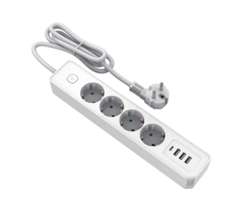 4টি আউটলেট, 3টি USB-A পোর্ট এবং 1টি USB-C পোর্ট সহ E21-4 ইউরোপীয়-স্টাইল পাওয়ার স্ট্রিপ, সুইচ অন্তর্ভুক্ত