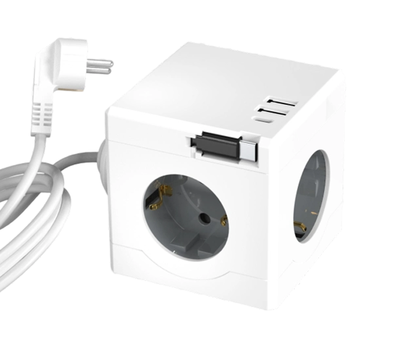 3টি ইউরোপীয়-স্টাইল আউটলেট, 2টি USB-A পোর্ট এবং 1 USB-C পোর্ট সহ E16-D তারযুক্ত কিউব পাওয়ার স্ট্রিপ, একটি প্রত্যাহারযোগ্য চার্জিং তারের বৈশিষ্ট্যযুক্ত