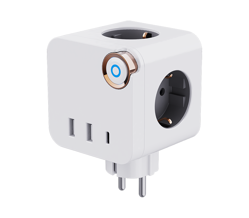 সুইচ সহ 3টি ইউরোপীয়-স্টাইল আউটলেট, 2টি USB-A পোর্ট এবং 1 USB-C পোর্ট সহ E19 প্লাগ-ইন কিউব পাওয়ার স্ট্রিপ